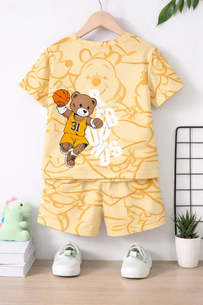Yellow bear with basket ball printed kids suit The Ultimate Kids Sleep Suit (OM-414)