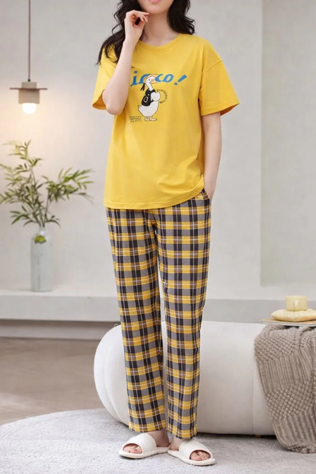 Yellow Cute Duck Printed half sleeves t shirt with check pajama The Ultimate Dream Wear Sleep Suit (OM-176