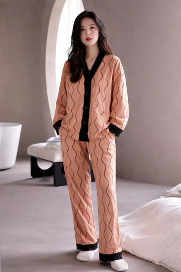 Orange with Black Linning V-Neck Button Printed Pj Set For Her