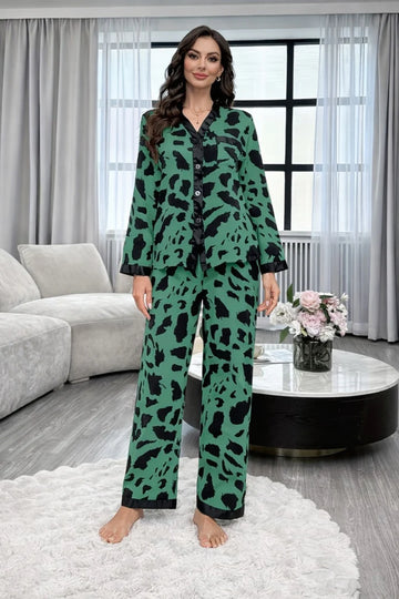 Green with Cheetah V-Neck Button Printed Pj Set For Her