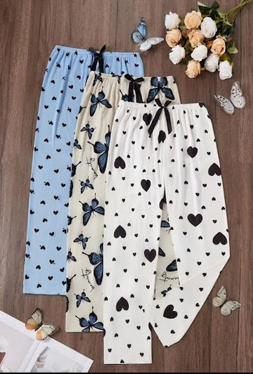 Pack of 3 Multi Printed Palazzo Pajamas (Sky Blue, Off White, White)