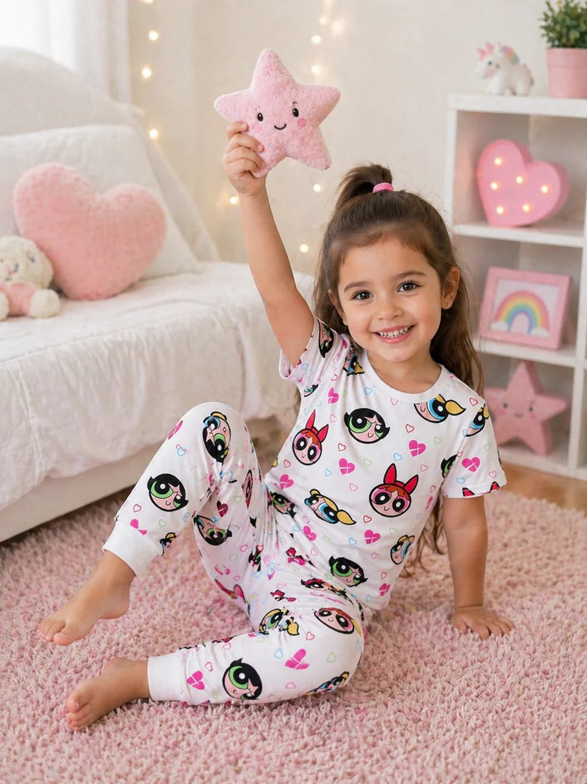 White PowerPuff Girls Printed Half Sleeves The Ultimate Kids Suit (OM-426)