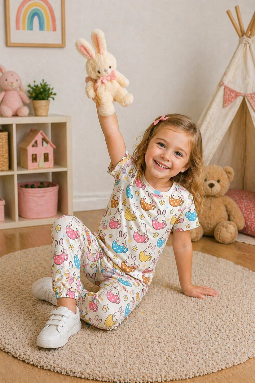 White Cute Rabbits Printed Half Sleeves The Ultimate Kids Suit (OM-425)
