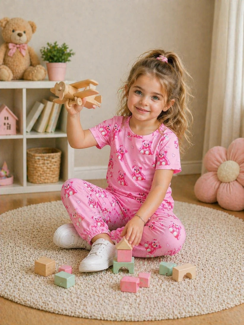 Baby Pink All Over Bears Printed Half Sleeves The Ultimate Kids Suit (OM-424)