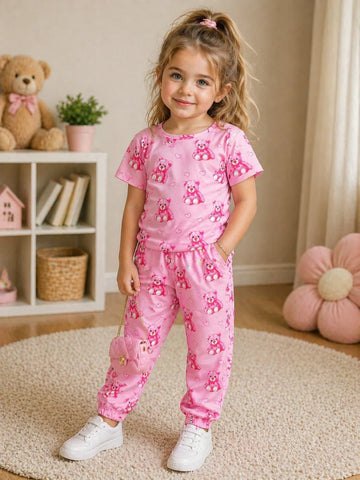 Baby Pink All Over Bears Printed Half Sleeves The Ultimate Kids Suit (OM-424)