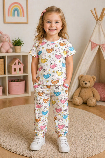 White Cute Rabbits Printed Half Sleeves The Ultimate Kids Suit (OM-425)