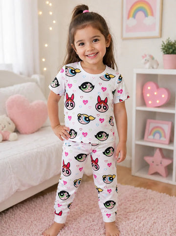 White PowerPuff Girls Printed Half Sleeves The Ultimate Kids Suit (OM-426)