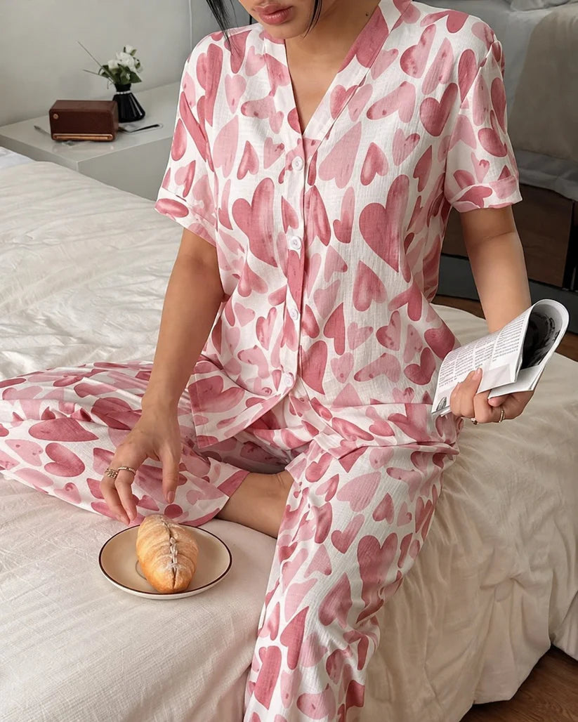 Pink Hearts Printed Half Sleeves V-Neck Button PJ Set For Her