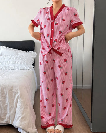 Pink Strawberries with Lining Printed Half Sleeves V-Neck Button PJ Set For Her