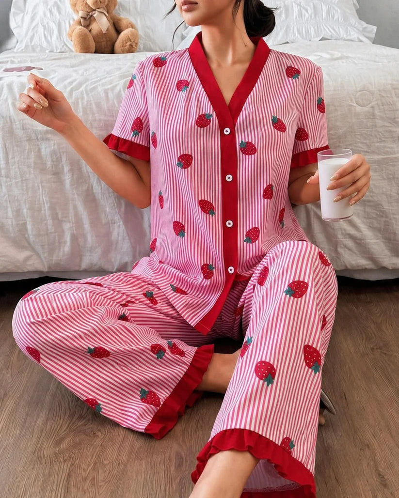 Pink Strawberries with Lining Printed Half Sleeves V-Neck Button PJ Set For Her