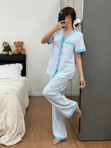 Sky Blue All Over Hearts with Lining Printed Half Sleeves V-Neck Button PJ Set For Her
