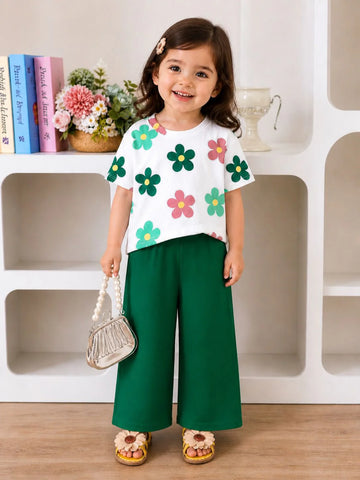 White with Green Multi Flowers Printed Half Sleeves The Ultimate Kids Suit (OM-430)
