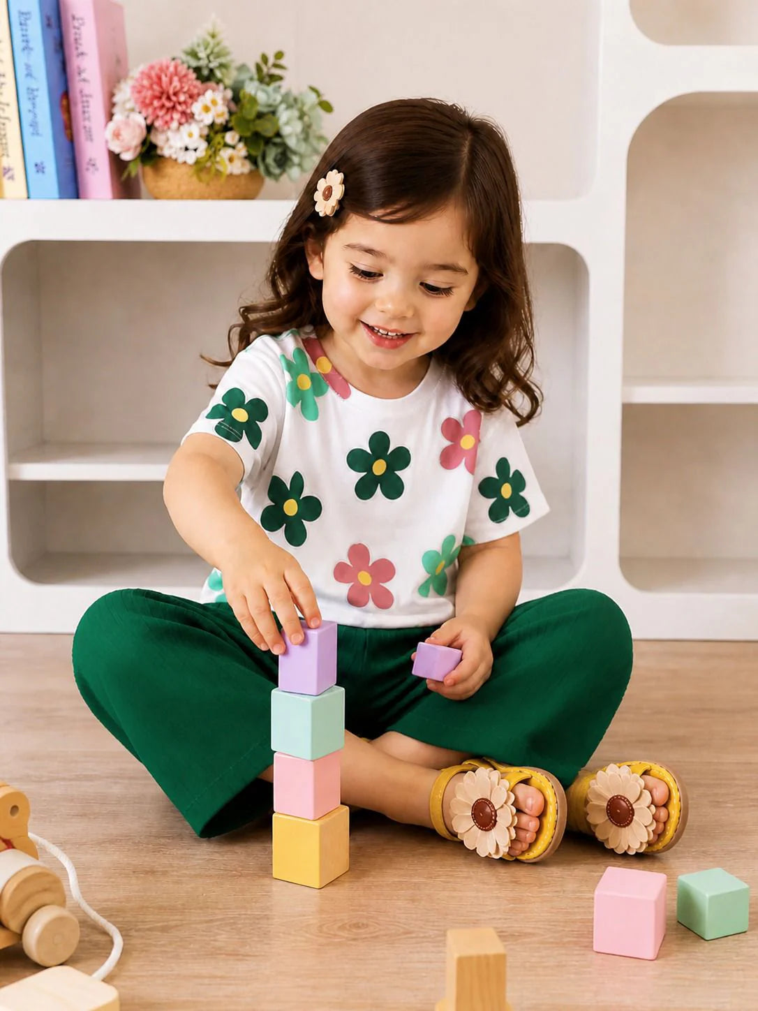 White with Green Multi Flowers Printed Half Sleeves The Ultimate Kids Suit (OM-430)