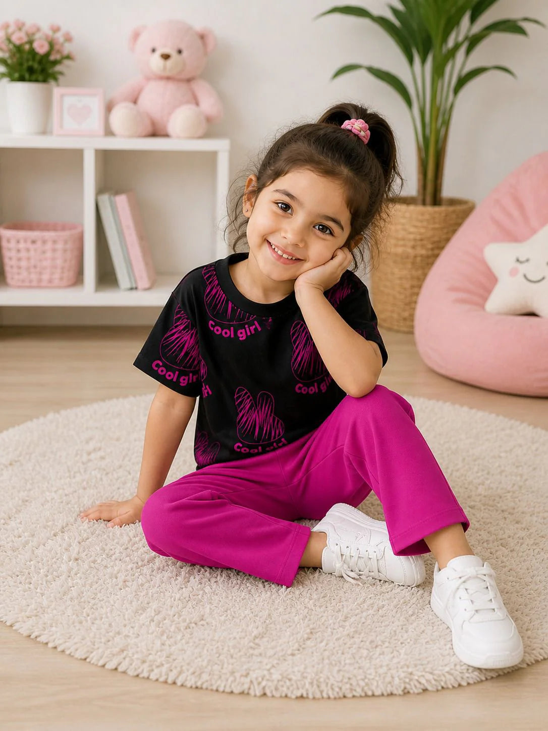 Black & Dark Pink Cool Girl with Rabit Printed Half Sleeves Kids Suit The Ultimate Kids Suit (OM-429)