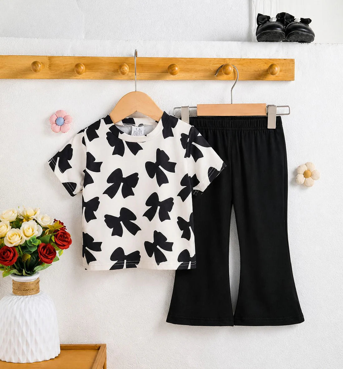 White with Black Bow Printed Half Sleeves Kids Suit The Ultimate Kids Suit (OM-428)