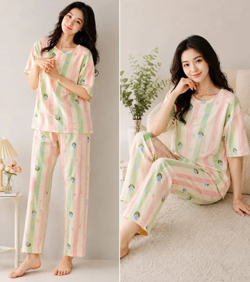 Multicolour All Over Flowers Half Sleeves The Ultimate Dream Wear Sleep Suit (OM-189)