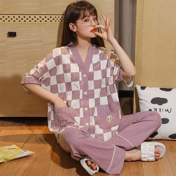Lilac White Check Mini Duck Drop Shoulder Printed V-Neck Button  PJ Set