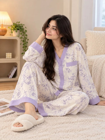 Of White with Lavender Floral Printed V-Neck Button PJ Set For Her omii.pk