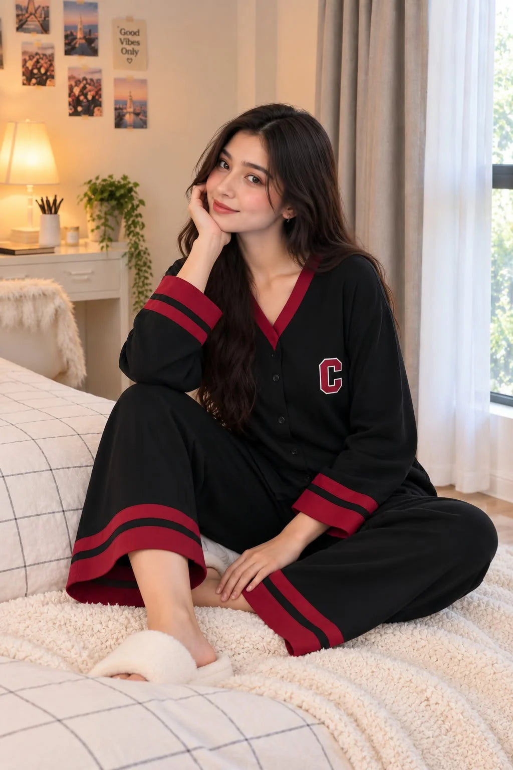 Black with Maroon Classic Printed V-Neck Button PJ Set For Her omii.pk