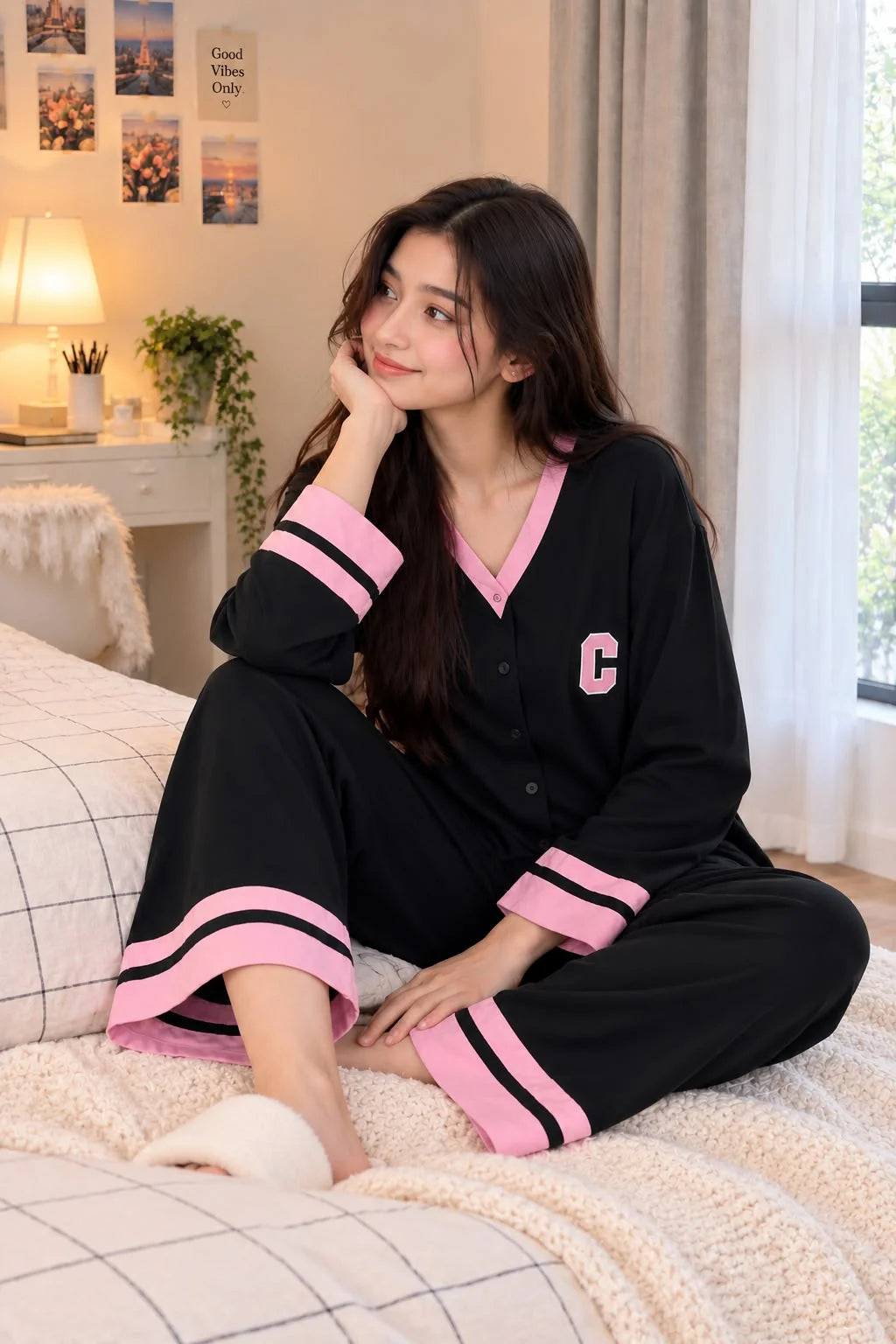 Black with Pink Classic Printed V-Neck Button PJ Set For Her omii.pk