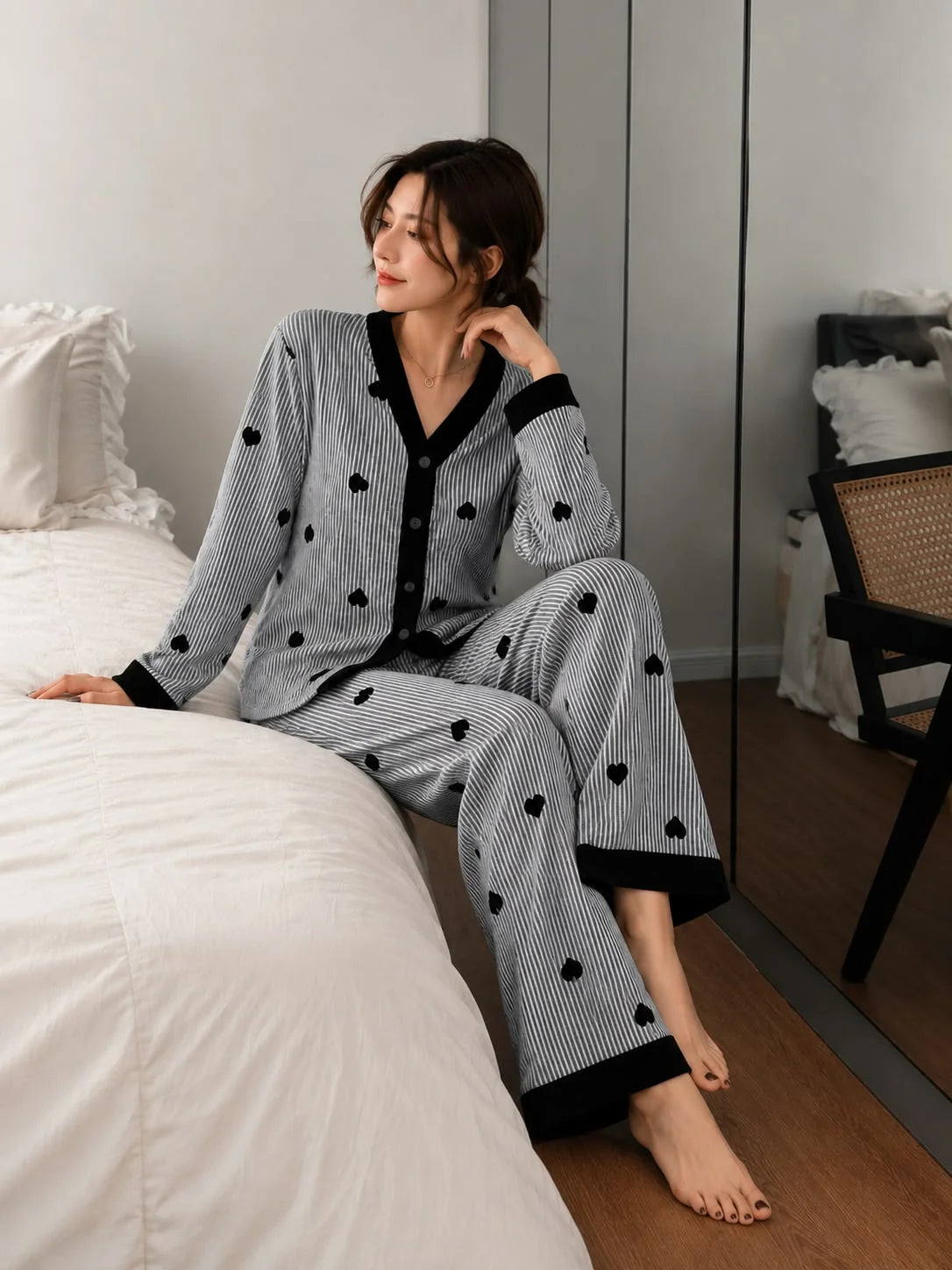 Black Linning Hearts Stripe Printed V-Neck Button PJ Set For Her omii.pk