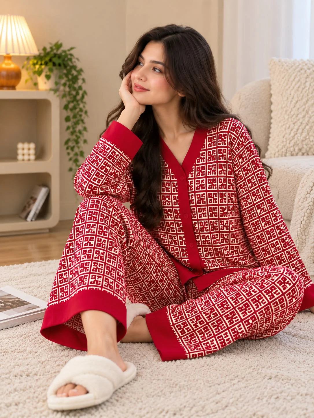 Red Signature Monogram Printed Button PJ Set For Her omii.pk