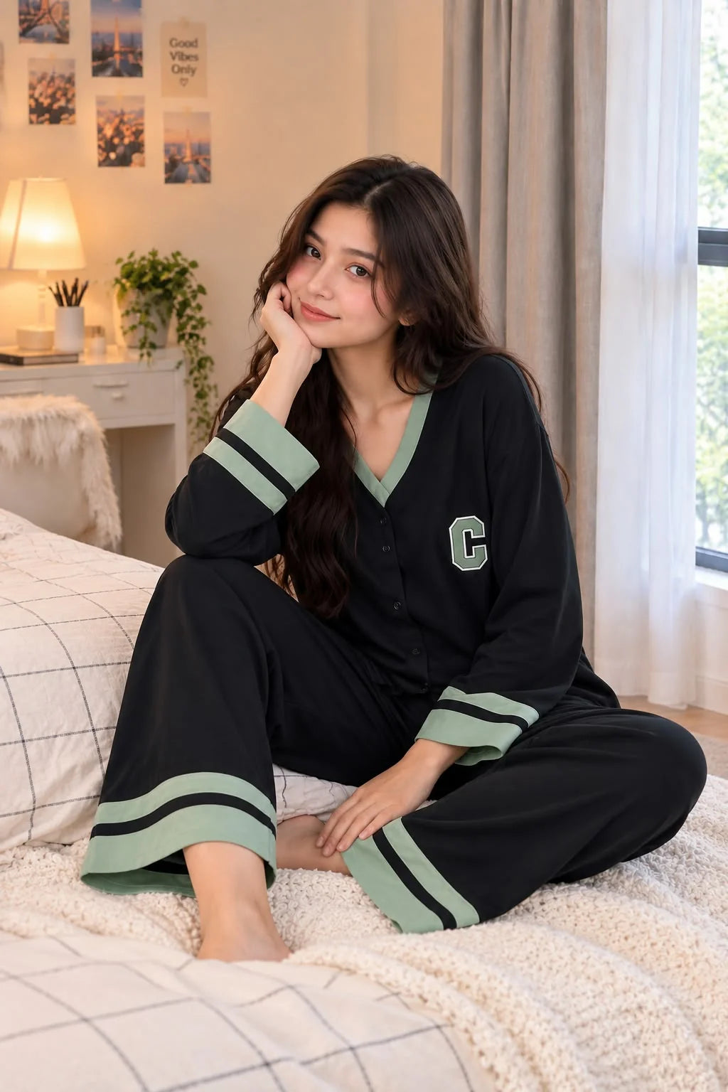 Black with Green Classic Printed V-Neck Button PJ Set For Her omii.pk