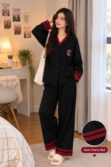 Black with Maroon Classic Printed V-Neck Button PJ Set For Her omii.pk