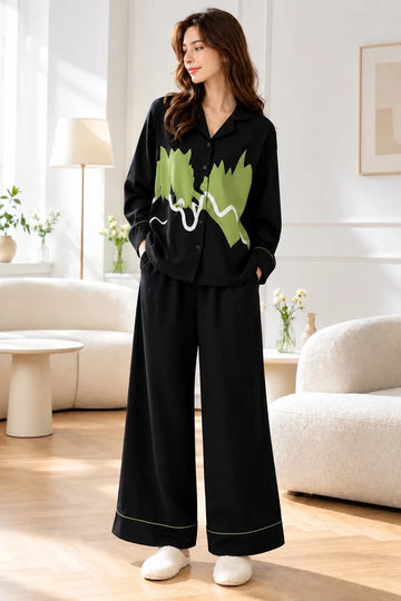 Black Olive Wave Printed V-Neck Button PJ Set For Her omii.pk