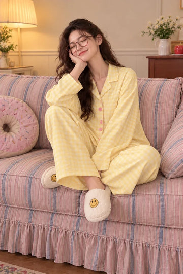 Soft Lemon Check Printed Button Down PJ Set For Her omii.pk