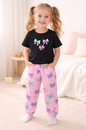 Girls Black Bow Print Tee & Pink Bow Pants Set The Ultimate Kids Suit (OM-421)