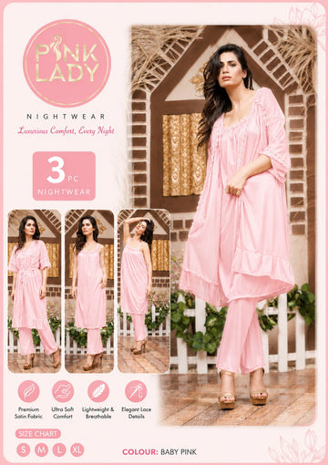 Pink 3-piece set: Long Inner, Trouder & Gown Nighty Set Pink Lady