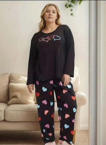 Black Multi Hearts Print Full Sleeves The Ultimate Dream Wear Sleep Suit (OM-157)