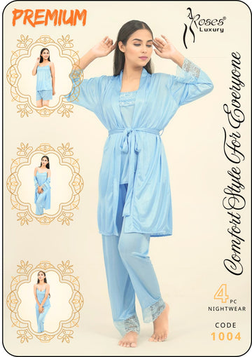 Sky Blue Comfort Style Premium Silk 5 Pcs Set Nighty Roses Luxury (CODE 1004)