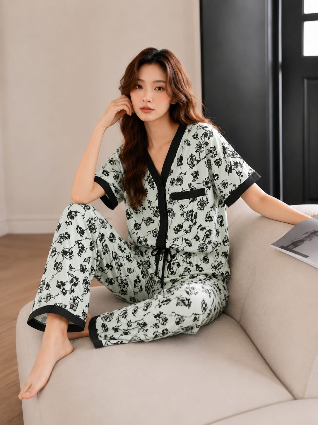 Olive with Black Pipin Drop Shoulder Flowers Printed Button Style Pj Set