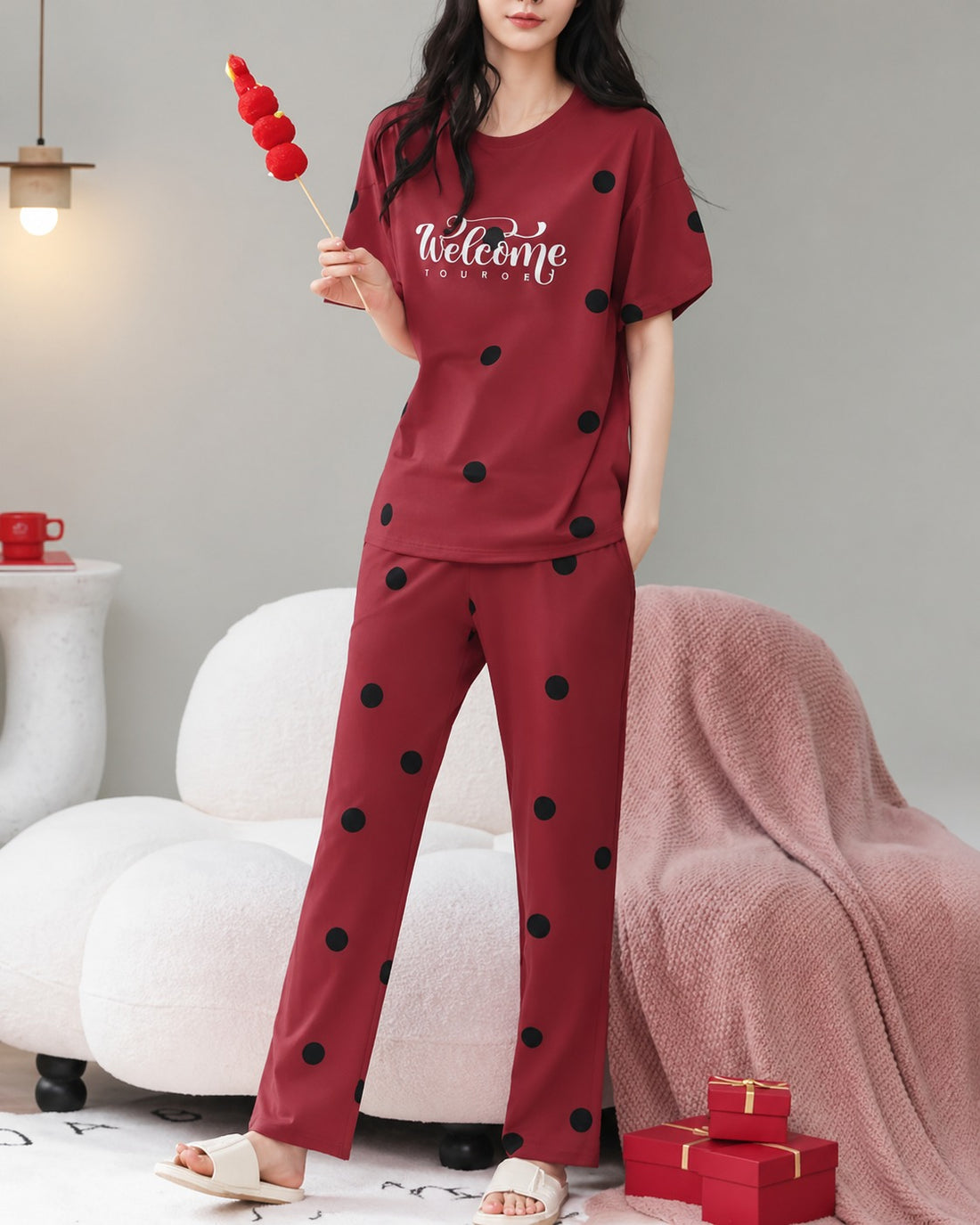 Maroon Welcome Printed Half Sleeves Tshirt with Pajama The Ultimate Dream Wear Sleep Suit (OM-184)