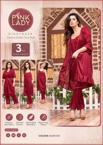 Maroon 3-piece set: Long Inner, Trouder & Gown Nighty Set Pink Lady