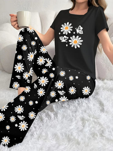 Black Sunflower Half Sleeves Printed Tshirt and Pajama The Ultimate Dream Wear Sleep Suit (OM-166)