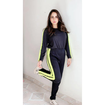Black With Green Strips Gym Suit for Women and Girls - Breathable Workout Clothes