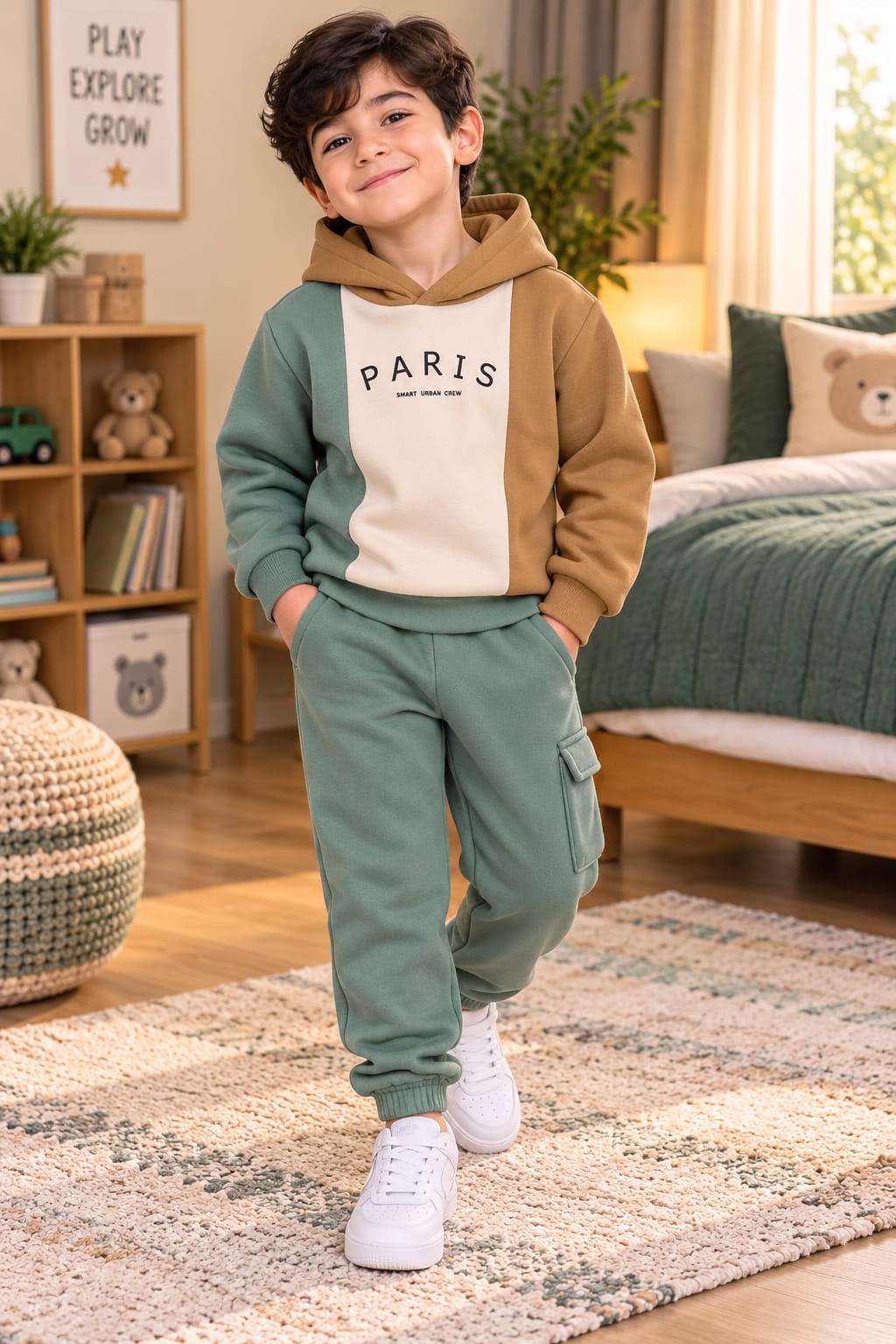 Kids Sage Green & Brown Kangro Hoodie Winter Tracksuit (OM-732 ) omii.pk