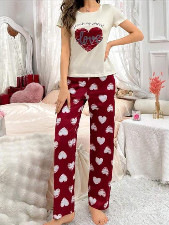 Of White Love Printed Half Sleeves with Maroon Trouser The Ultimate Dream Wear Sleep Suit (OM-113)