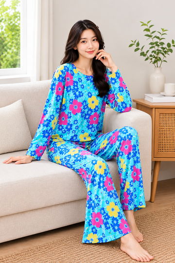 Blue Multi  Floral Printed Full Sleeves The Ultimate Dream Wear Sleep Suit (OM-211) omii.pk
