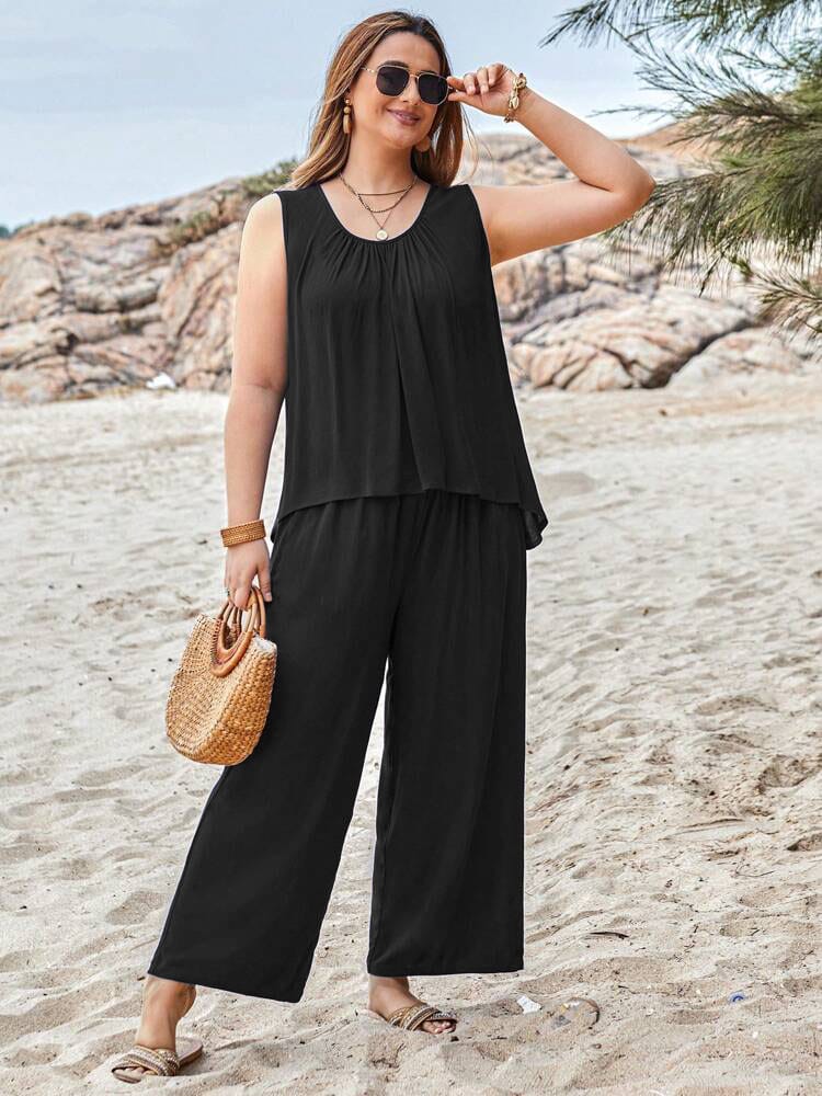 Black Sleeveless Shirt With Plazo Pajama Suit For Her (OM-104)