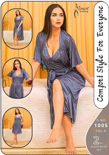 Grey 2-Pcs Comfort Style Silk Bridal Nighty Rosses Luxury (1005)