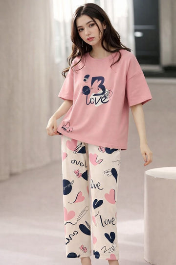 (NEW) Pink Love Printed Half Sleeves Tshirt with Pajama The Ultimate Dream Wear Sleep Suit (OM-181)