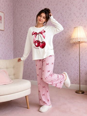 Sweet Cherry Printed Full Sleeves Tshirt with Bow Printed Trouser The Ultimate Dream Wear Sleep Suit (OM-200)