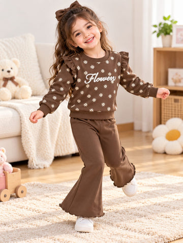 Kids Brown Flower Stars Bell Bottom Trouser Winter Tracksuit (OM-733 ) omii.pk