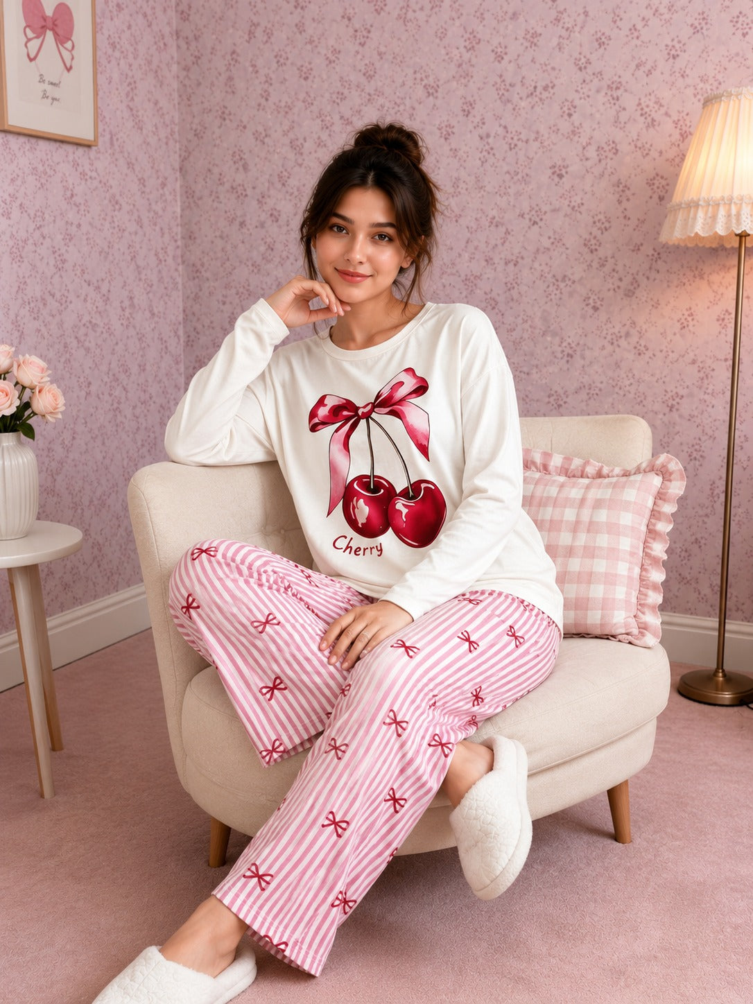 Sweet Cherry Printed Full Sleeves Tshirt with Bow Printed Trouser The Ultimate Dream Wear Sleep Suit (OM-200)