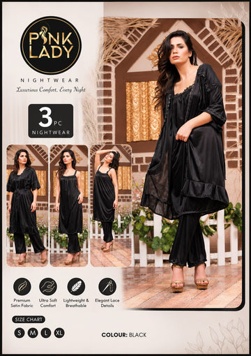 Black 3-piece set: Long Inner, Trouder & Gown Nighty Set Pink Lady