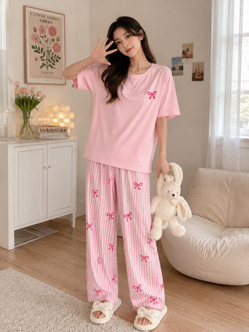 Pink Ribbon Stripe Tshirt Pajama Set The Ultimate Dream Wear Sleep Suit (OM-196)
